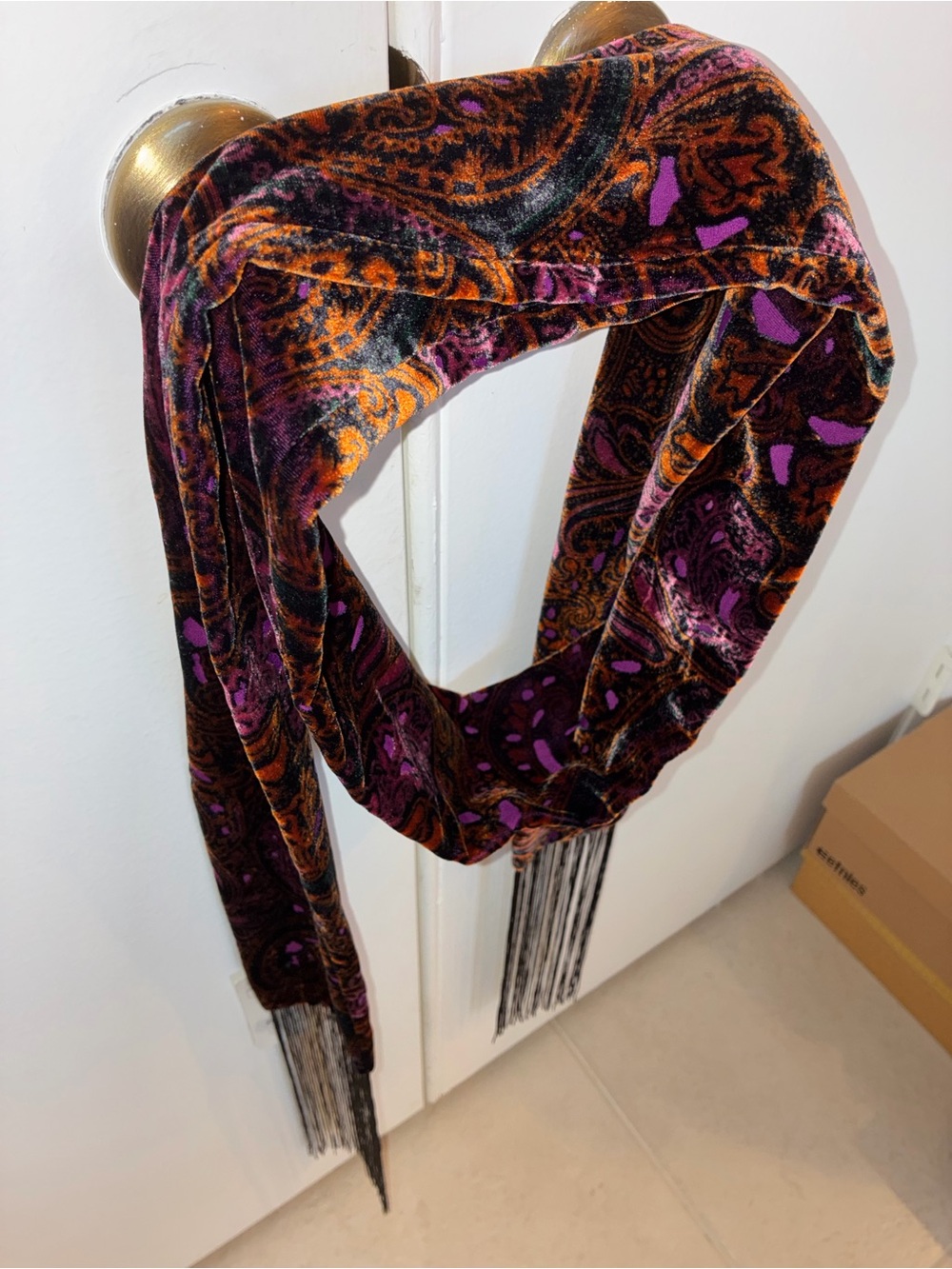 Zara Velvet Paisley Fringe Scarf in Purple and Orange - Picture 2 of 3